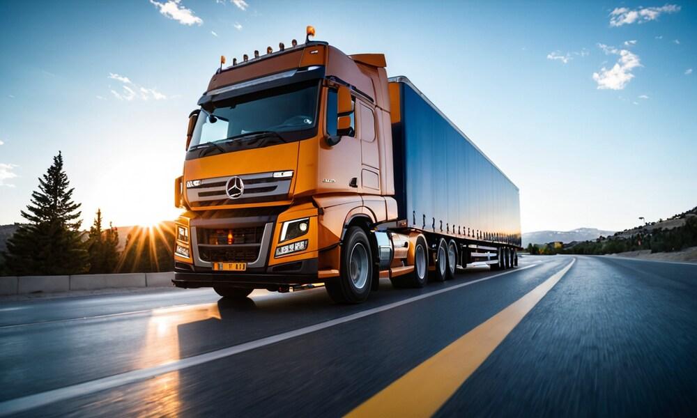 A powerful orange semi-truck drives down the highway at sunset, representing reliable Ship Your Car from Austin to Tallahassee services.