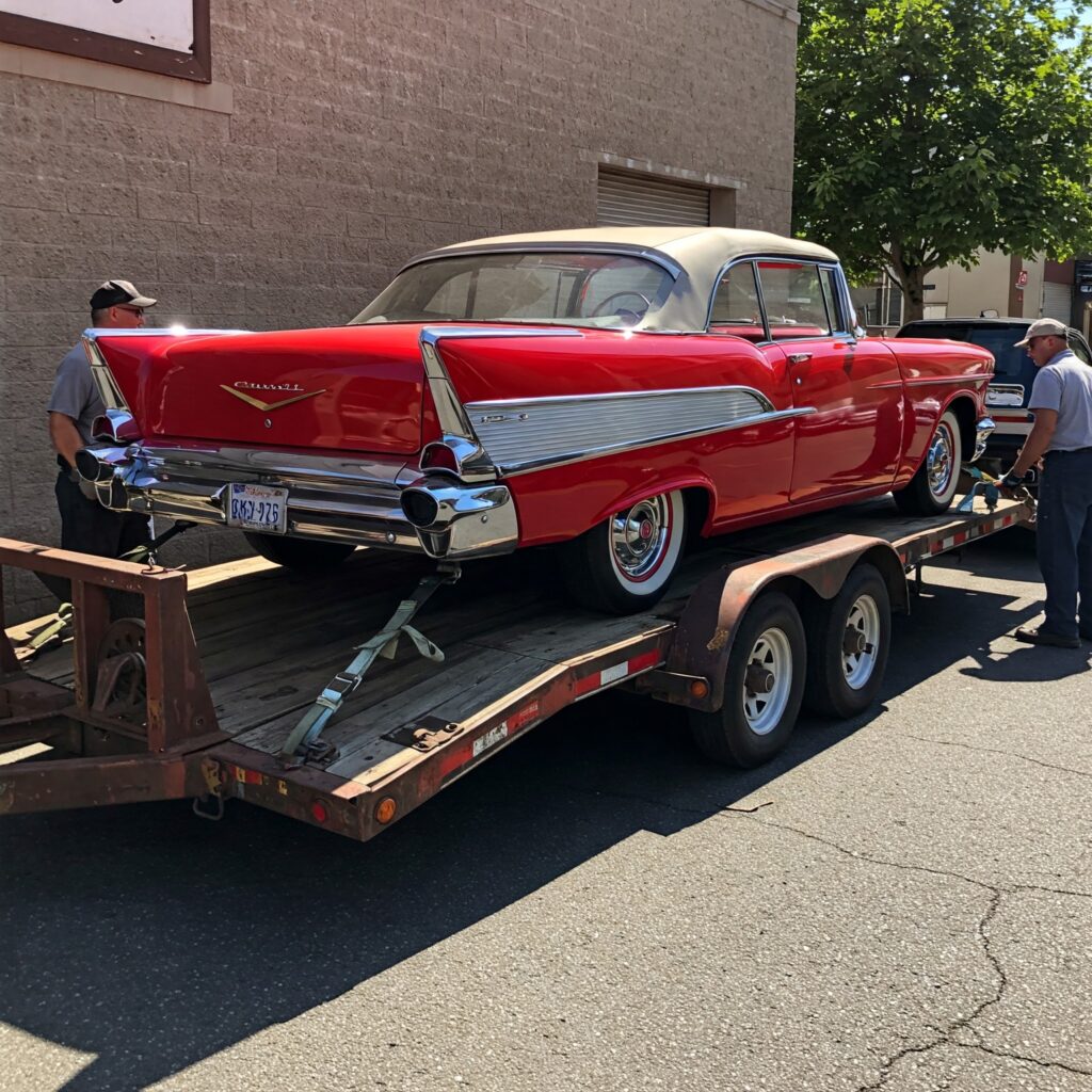 A classic red Chevrolet is securely strapped to a flatbed trailer as two men ensure its safe transport. Best Car Shipping Inc provides reliable vehicle delivery.