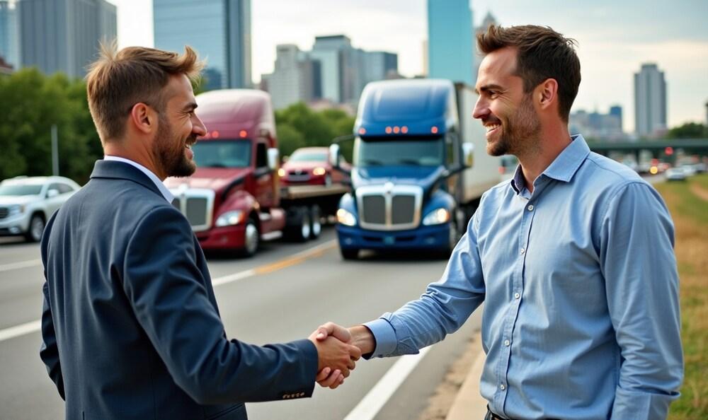Two smiling businessmen shaking hands beside a highway with transport trucks hauling cars in the background.