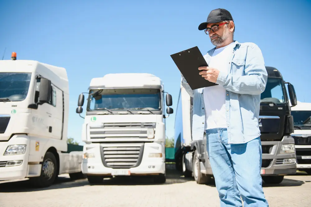 Truck driver inspecting shipping documents near parked transport trucks.
