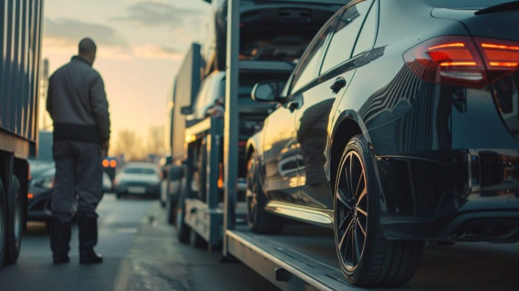 Worker overseeing luxury car loading onto transport trailer for shipping at sunset.