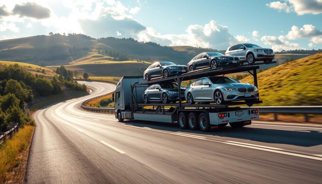 A 4-car carrier truck transporting vehicles on the interstate highway, capturing the seamless journey from New Jersey to Georgia. The truck is traveling on a winding road through picturesque countryside, with rolling hills and lush greenery in the background. Vibrant sunlight filters through scattered clouds, casting warm shadows on the vehicles. The truck's sleek design and powerful engine convey efficiency and reliability. The scene evokes a sense of motion and purpose, reflecting the smooth and convenient vehicle shipping experience between these two states. A 4-car carrier truck transporting vehicles on the interstate highway, capturing the seamless journey from New Jersey to Georgia. The truck is traveling on a winding road through picturesque countryside, with rolling hills and lush greenery in the background. Vibrant sunlight filters through scattered clouds, casting warm shadows on the vehicles. The truck's sleek design and powerful engine convey efficiency and reliability. The scene evokes a sense of motion and purpose, reflecting the smooth and convenient vehicle shipping experience between these two states.