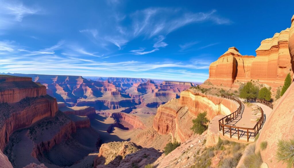 A breathtaking panoramic view of the majestic Grand Canyon, captured on a sunny day. In the foreground, the iconic red and orange rock formations rise majestically, casting long shadows across the rugged terrain. The middle ground reveals a winding hiking trail, inviting adventurers to explore the natural wonder. In the distance, the canyon's vast expanse stretches out, its layers of sedimentary rock revealing millions of years of geological history. The sky is a brilliant blue, with wispy clouds casting gentle shadows over the scene. The image is shot with a wide-angle lens, capturing the scale and grandeur of this natural masterpiece, just hours away from the bustling city of Las Vegas. A breathtaking panoramic view of the majestic Grand Canyon, captured on a sunny day. In the foreground, the iconic red and orange rock formations rise majestically, casting long shadows across the rugged terrain. The middle ground reveals a winding hiking trail, inviting adventurers to explore the natural wonder. In the distance, the canyon's vast expanse stretches out, its layers of sedimentary rock revealing millions of years of geological history. The sky is a brilliant blue, with wispy clouds casting gentle shadows over the scene. The image is shot with a wide-angle lens, capturing the scale and grandeur of this natural masterpiece, just hours away from the bustling city of Las Vegas.