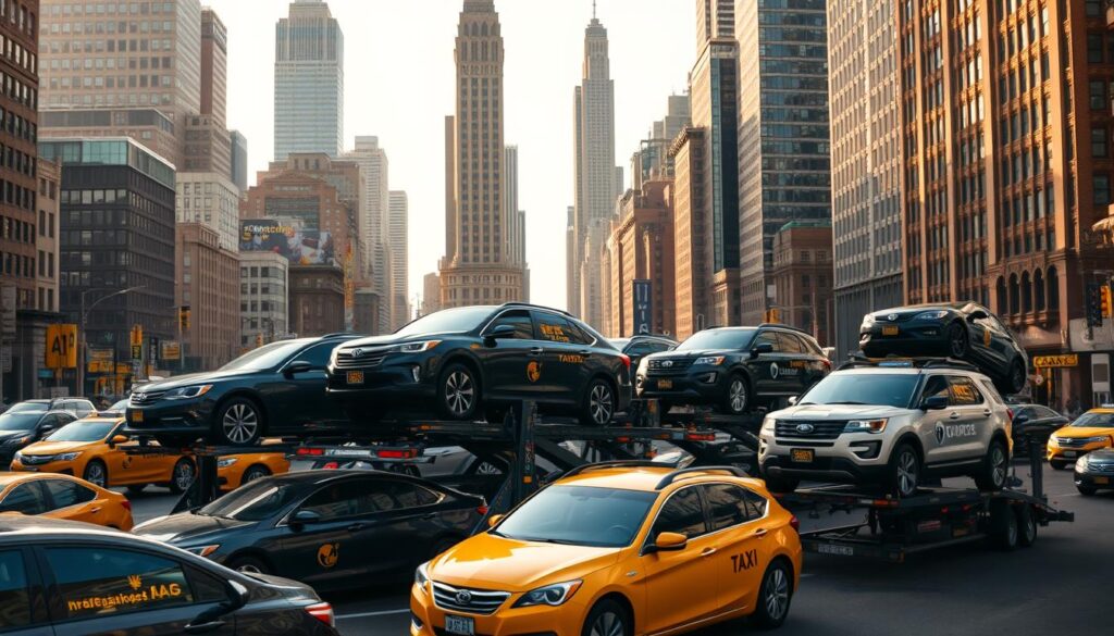 A bustling New York cityscape, with towering skyscrapers and yellow cabs lining the streets. In the foreground, a fleet of car carriers transports an assortment of vehicles, from sleek sedans to rugged SUVs, with the company logos emblazoned on their sides. The scene is bathed in warm, golden light, capturing the energy and vitality of the city's auto transport industry. The composition emphasizes the scale and efficiency of these specialized services, showcasing the variety of transport options available to New York's car owners. A bustling New York cityscape, with towering skyscrapers and yellow cabs lining the streets. In the foreground, a fleet of car carriers transports an assortment of vehicles, from sleek sedans to rugged SUVs, with the company logos emblazoned on their sides. The scene is bathed in warm, golden light, capturing the energy and vitality of the city's auto transport industry. The composition emphasizes the scale and efficiency of these specialized services, showcasing the variety of transport options available to New York's car owners.