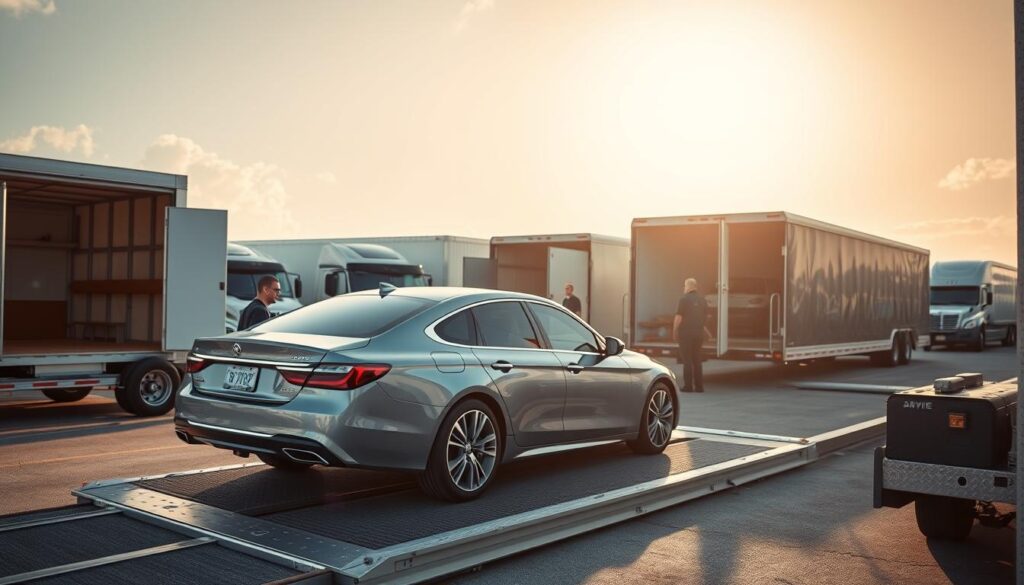 A bustling Sarasota auto shipping depot, featuring a fleet of enclosed transport trucks and open-air car haulers. In the foreground, a gleaming luxury sedan is being carefully loaded onto a trailer, with attentive handlers ensuring a secure and damage-free transport. The middle ground showcases the variety of services available, from door-to-door delivery to expedited shipping options. In the background, the sun casts a warm glow over the scene, creating a sense of reliability and professionalism. The composition is crisp and well-lit, captured with a wide-angle lens to convey the scale and efficiency of the operation. An atmosphere of trust and customer-centric service pervades the image. A bustling Sarasota auto shipping depot, featuring a fleet of enclosed transport trucks and open-air car haulers. In the foreground, a gleaming luxury sedan is being carefully loaded onto a trailer, with attentive handlers ensuring a secure and damage-free transport. The middle ground showcases the variety of services available, from door-to-door delivery to expedited shipping options. In the background, the sun casts a warm glow over the scene, creating a sense of reliability and professionalism. The composition is crisp and well-lit, captured with a wide-angle lens to convey the scale and efficiency of the operation. An atmosphere of trust and customer-centric service pervades the image.