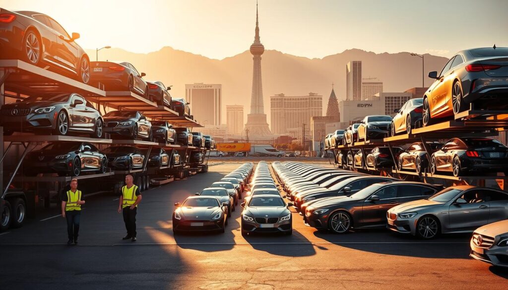 A bustling auto transport hub in the heart of Las Vegas, with towering car carriers and sleek luxury vehicles being loaded onto their platforms. The scene is bathed in warm, golden sunlight, casting long shadows across the asphalt. In the foreground, workers in high-visibility vests guide the cars into position, their movements choreographed with practiced precision. In the middle ground, rows of shiny, freshly washed cars await their turn, reflecting the vibrant cityscape beyond. In the background, the iconic Las Vegas skyline rises, its towering casinos and hotels a testament to the city's booming economy and insatiable demand for automotive transport services. A bustling auto transport hub in the heart of Las Vegas, with towering car carriers and sleek luxury vehicles being loaded onto their platforms. The scene is bathed in warm, golden sunlight, casting long shadows across the asphalt. In the foreground, workers in high-visibility vests guide the cars into position, their movements choreographed with practiced precision. In the middle ground, rows of shiny, freshly washed cars await their turn, reflecting the vibrant cityscape beyond. In the background, the iconic Las Vegas skyline rises, its towering casinos and hotels a testament to the city's booming economy and insatiable demand for automotive transport services.