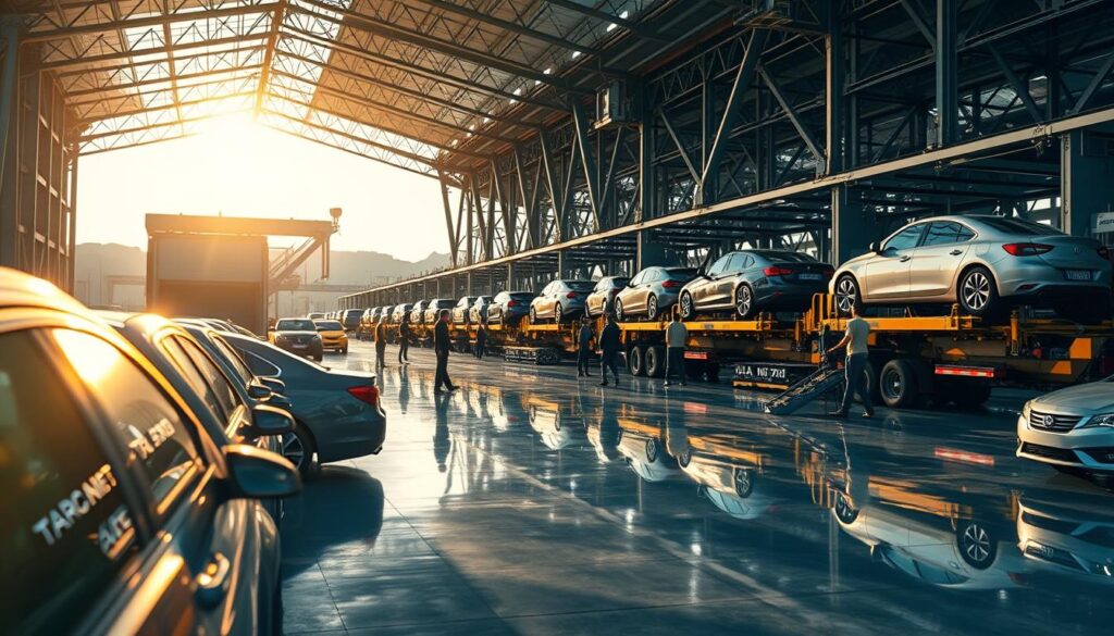 A bustling auto transport terminal, bathed in warm afternoon light. In the foreground, a row of gleaming cars, their reflections mirrored on the polished concrete floor. In the middle ground, skilled workers efficiently loading vehicles onto large car carriers, their movements choreographed like a well-rehearsed dance. The background is dominated by the towering structure of the terminal, its angular architecture and steel beams creating a sense of industrial might. The atmosphere is one of organized efficiency, where the business of moving cars from point A to point B is carried out with precision and care. A bustling auto transport terminal, bathed in warm afternoon light. In the foreground, a row of gleaming cars, their reflections mirrored on the polished concrete floor. In the middle ground, skilled workers efficiently loading vehicles onto large car carriers, their movements choreographed like a well-rehearsed dance. The background is dominated by the towering structure of the terminal, its angular architecture and steel beams creating a sense of industrial might. The atmosphere is one of organized efficiency, where the business of moving cars from point A to point B is carried out with precision and care.