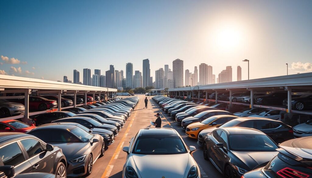 A bustling auto transport terminal in the heart of Miami, FL. In the foreground, a fleet of car carriers stand ready to load and transport vehicles, their ramps extended to allow smooth loading. Rows of cars await their journey, each meticulously detailed with a glossy finish. The middle ground is filled with the movement of personnel, clipboard in hand, orchestrating the efficient flow of vehicles. In the background, the iconic skyline of Miami rises, its skyscrapers glimmering under the warm, golden light of the Floridian sun. The scene conveys the growing demand for reliable and seamless car transport services to and from this vibrant, car-centric city. A bustling auto transport terminal in the heart of Miami, FL. In the foreground, a fleet of car carriers stand ready to load and transport vehicles, their ramps extended to allow smooth loading. Rows of cars await their journey, each meticulously detailed with a glossy finish. The middle ground is filled with the movement of personnel, clipboard in hand, orchestrating the efficient flow of vehicles. In the background, the iconic skyline of Miami rises, its skyscrapers glimmering under the warm, golden light of the Floridian sun. The scene conveys the growing demand for reliable and seamless car transport services to and from this vibrant, car-centric city.