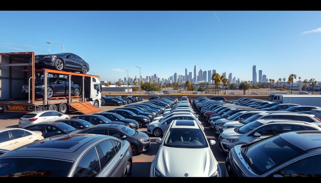 A bustling car shipping yard in San Diego, with rows of vehicles neatly arranged and ready for transport. In the foreground, a large auto carrier truck is being loaded, its hydraulic ramps extended to accommodate the cars. The middle ground features a mix of sedans, SUVs, and pickup trucks, all freshly washed and gleaming in the warm California sun. In the background, the iconic San Diego skyline is visible, framed by palm trees and a cloudless azure sky. The scene is captured with a wide-angle lens, highlighting the scale and efficiency of the car shipping operation. The overall mood is one of professionalism and reliable service, reflecting the high-quality standards of the San Diego car shipping industry. A bustling car shipping yard in San Diego, with rows of vehicles neatly arranged and ready for transport. In the foreground, a large auto carrier truck is being loaded, its hydraulic ramps extended to accommodate the cars. The middle ground features a mix of sedans, SUVs, and pickup trucks, all freshly washed and gleaming in the warm California sun. In the background, the iconic San Diego skyline is visible, framed by palm trees and a cloudless azure sky. The scene is captured with a wide-angle lens, highlighting the scale and efficiency of the car shipping operation. The overall mood is one of professionalism and reliable service, reflecting the high-quality standards of the San Diego car shipping industry.