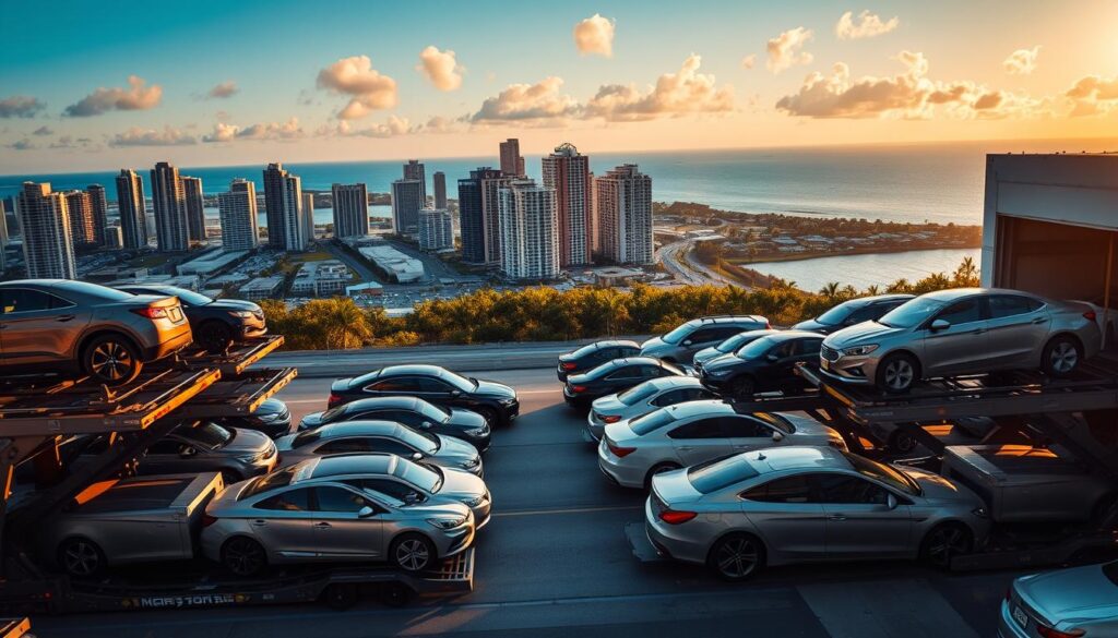 A bustling car transport hub in Miami, Florida, captured under a golden sunset. In the foreground, a fleet of state-of-the-art car carriers meticulously load and unload vehicles, their hydraulic lifts whirring with efficiency. The middle ground showcases the iconic Miami skyline, its skyscrapers casting long shadows across the scene. In the background, the azure waters of Biscayne Bay glisten, creating a serene contrast to the dynamic transportation activity. The lighting is warm and inviting, conveying a sense of professionalism and reliability in the car transport industry. The composition emphasizes the scale and comprehensive service options available for seamless vehicle transport to and from Miami. A bustling car transport hub in Miami, Florida, captured under a golden sunset. In the foreground, a fleet of state-of-the-art car carriers meticulously load and unload vehicles, their hydraulic lifts whirring with efficiency. The middle ground showcases the iconic Miami skyline, its skyscrapers casting long shadows across the scene. In the background, the azure waters of Biscayne Bay glisten, creating a serene contrast to the dynamic transportation activity. The lighting is warm and inviting, conveying a sense of professionalism and reliability in the car transport industry. The composition emphasizes the scale and comprehensive service options available for seamless vehicle transport to and from Miami.