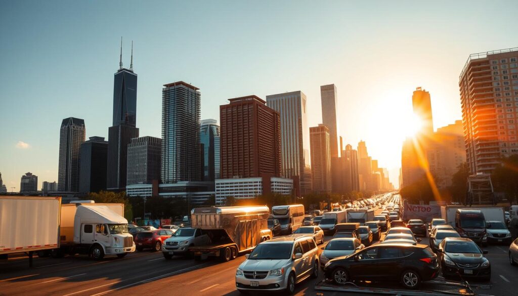 A bustling city skyline, with towering skyscrapers and busy streets, serves as the backdrop for an array of auto transport services. In the foreground, a diverse collection of vehicle transport options are depicted, including open-air car carriers, enclosed auto transporters, and specialty car haulers. The scene is illuminated by warm, golden sunlight, casting long shadows and creating a sense of energy and movement. The composition showcases the variety of solutions available to Chicago residents, from standard car shipping to specialty services for classic cars or luxury vehicles. The overall atmosphere conveys the reliability and professionalism of the auto transport industry serving the city.