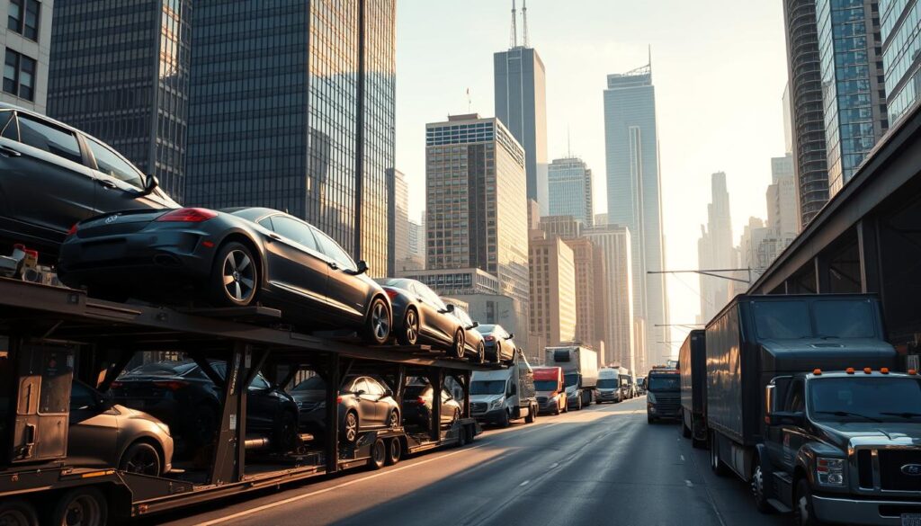 A bustling cityscape of Chicago's auto transport services, captured with a wide-angle lens. In the foreground, several car carriers stand ready to transport vehicles, their hydraulic lifts poised to load the cars. In the middle ground, a fleet of tow trucks and logistics vehicles navigate the busy streets, efficiently managing the flow of vehicles. Towering skyscrapers and iconic landmarks like the Willis Tower loom in the background, creating a sense of scale and urban grandeur. The scene is illuminated by the warm glow of the afternoon sun, casting long shadows and highlighting the intricate details of the transportation infrastructure. An atmosphere of organized chaos and industry pervades the image, reflecting the crucial role of auto transport services in the vibrant heart of Chicago.