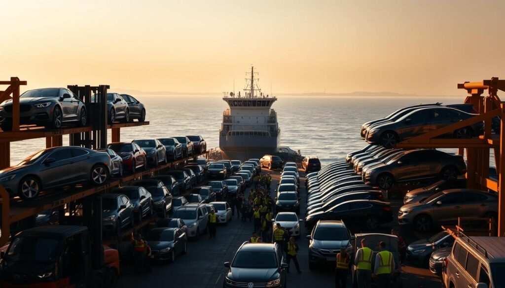 A bustling port scene of vehicles being loaded onto a cargo ship, with a calm, expansive ocean in the background. In the foreground, forklifts and cranes meticulously arrange rows of cars, SUVs, and trucks onto the ship's deck, their polished exteriors gleaming under the warm, directional lighting. The middle ground features an array of workers in high-visibility vests, efficiently overseeing the intricate loading process. In the distance, the silhouette of the cargo ship's superstructure stands tall against a hazy, golden-hued sky, conveying a sense of scale and the global reach of the vehicle shipping industry. A bustling port scene of vehicles being loaded onto a cargo ship, with a calm, expansive ocean in the background. In the foreground, forklifts and cranes meticulously arrange rows of cars, SUVs, and trucks onto the ship's deck, their polished exteriors gleaming under the warm, directional lighting. The middle ground features an array of workers in high-visibility vests, efficiently overseeing the intricate loading process. In the distance, the silhouette of the cargo ship's superstructure stands tall against a hazy, golden-hued sky, conveying a sense of scale and the global reach of the vehicle shipping industry.