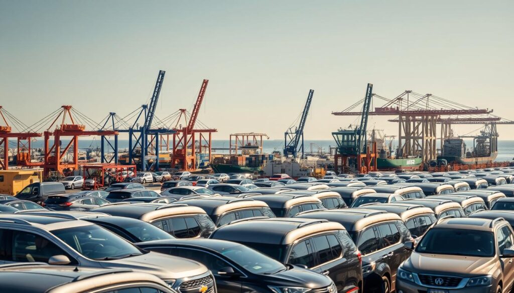 A bustling seaport in sunny San Diego, the city's strategic location makes it a major hub for the transportation of vehicles across the West Coast. Capture the scene with a wide-angle lens, showcasing the towering cranes and cargo ships lining the docks, their hulls glistening in the warm coastal light. In the foreground, a fleet of car carriers stands ready, their chrome-trimmed trailers gleaming as they await the next load of automobiles destined for destinations near and far. The hum of activity and the smell of the sea create a dynamic, industrious atmosphere, underscoring San Diego's importance as a vital link in the nation's automotive supply chain. A bustling seaport in sunny San Diego, the city's strategic location makes it a major hub for the transportation of vehicles across the West Coast. Capture the scene with a wide-angle lens, showcasing the towering cranes and cargo ships lining the docks, their hulls glistening in the warm coastal light. In the foreground, a fleet of car carriers stands ready, their chrome-trimmed trailers gleaming as they await the next load of automobiles destined for destinations near and far. The hum of activity and the smell of the sea create a dynamic, industrious atmosphere, underscoring San Diego's importance as a vital link in the nation's automotive supply chain.