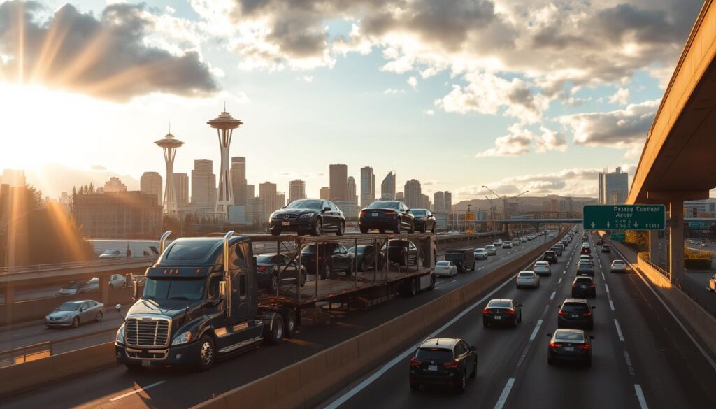 A busy highway overpass in Seattle, Washington, with a truck transporting several cars on a multi-level auto transport trailer. The scene is illuminated by warm, golden sunlight filtering through the clouds, casting long shadows across the roadway. In the foreground, the imposing vehicle commands attention, its chrome trim and sleek design reflecting the urban landscape. In the middle ground, traffic flows steadily, with other commuters and local residents navigating the bustling city streets. The background features the iconic skyline of Seattle, including the towering Space Needle and other high-rise buildings, providing a recognizable and contextual setting for the image. A busy highway overpass in Seattle, Washington, with a truck transporting several cars on a multi-level auto transport trailer. The scene is illuminated by warm, golden sunlight filtering through the clouds, casting long shadows across the roadway. In the foreground, the imposing vehicle commands attention, its chrome trim and sleek design reflecting the urban landscape. In the middle ground, traffic flows steadily, with other commuters and local residents navigating the bustling city streets. The background features the iconic skyline of Seattle, including the towering Space Needle and other high-rise buildings, providing a recognizable and contextual setting for the image.