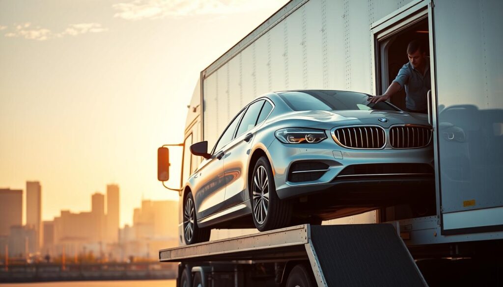 A car being carefully loaded onto a large semi-truck trailer, the Boston skyline visible in the background. The scene is bathed in warm, golden afternoon light, creating a sense of tranquility and professionalism. The car's exterior is meticulously clean, reflecting the attention to detail of the shipping service. The truck's driver oversees the loading process, ensuring the vehicle is secured for a safe journey across the country to California. The overall composition conveys the reliability and peace of mind that a professional car shipping service can provide. A car being carefully loaded onto a large semi-truck trailer, the Boston skyline visible in the background. The scene is bathed in warm, golden afternoon light, creating a sense of tranquility and professionalism. The car's exterior is meticulously clean, reflecting the attention to detail of the shipping service. The truck's driver oversees the loading process, ensuring the vehicle is secured for a safe journey across the country to California. The overall composition conveys the reliability and peace of mind that a professional car shipping service can provide.