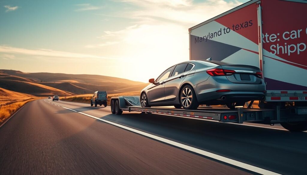 A car being loaded onto a transport truck on a highway, with rolling hills and a blue sky in the background. The truck is painted in bold red and white colors, with "Maryland to Texas Car Shipping" prominently displayed on its side. The car is a sleek, modern sedan in a neutral tone, being carefully secured onto the truck's flatbed. The scene is bathed in warm, golden sunlight, with long shadows cast across the asphalt. The overall mood is one of efficiency, reliability, and the sense of a journey about to begin. A car being loaded onto a transport truck on a highway, with rolling hills and a blue sky in the background. The truck is painted in bold red and white colors, with "Maryland to Texas Car Shipping" prominently displayed on its side. The car is a sleek, modern sedan in a neutral tone, being carefully secured onto the truck's flatbed. The scene is bathed in warm, golden sunlight, with long shadows cast across the asphalt. The overall mood is one of efficiency, reliability, and the sense of a journey about to begin.