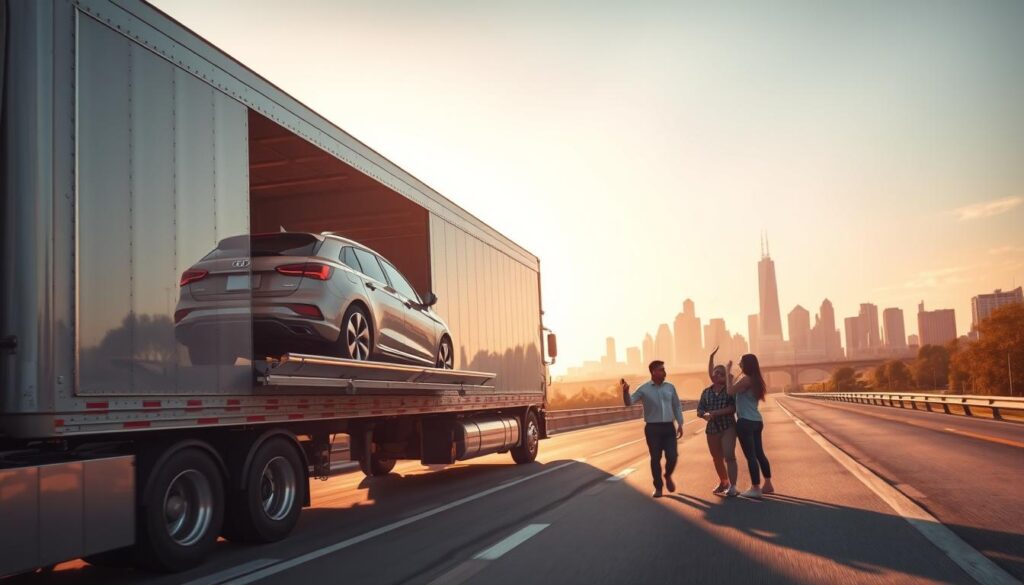 A car being loaded onto a transport truck on a sun-drenched highway, the Philadelphia skyline in the distance. The truck's sleek silver exterior glistens, its trailer filled with carefully secured vehicles. In the foreground, a family waves goodbye as their prized possession embarks on its journey to the sunny shores of Florida. The scene is bathed in warm, golden light, capturing the sense of adventure and anticipation of the cross-state road trip. The overall composition evokes a feeling of reliability, efficiency, and the seamless transportation of valuable assets. A car being loaded onto a transport truck on a sun-drenched highway, the Philadelphia skyline in the distance. The truck's sleek silver exterior glistens, its trailer filled with carefully secured vehicles. In the foreground, a family waves goodbye as their prized possession embarks on its journey to the sunny shores of Florida. The scene is bathed in warm, golden light, capturing the sense of adventure and anticipation of the cross-state road trip. The overall composition evokes a feeling of reliability, efficiency, and the seamless transportation of valuable assets.