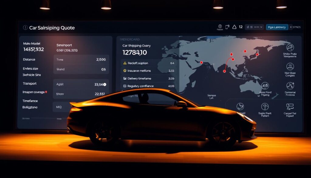 A car shipping quote dashboard, illuminated by warm, natural lighting. In the foreground, a sleek car silhouette with detailed specifications - make, model, year, mileage. In the middle ground, a comprehensive list of factors influencing the quote - distance, vehicle size, transport method, insurance coverage, delivery timeframe. The background features a stylized map highlighting the pickup and drop-off locations, along with icons representing shipping logistics, weather conditions, and regulatory compliance. The overall atmosphere conveys a sense of transparency, efficiency, and customer-centric service. A car shipping quote dashboard, illuminated by warm, natural lighting. In the foreground, a sleek car silhouette with detailed specifications - make, model, year, mileage. In the middle ground, a comprehensive list of factors influencing the quote - distance, vehicle size, transport method, insurance coverage, delivery timeframe. The background features a stylized map highlighting the pickup and drop-off locations, along with icons representing shipping logistics, weather conditions, and regulatory compliance. The overall atmosphere conveys a sense of transparency, efficiency, and customer-centric service.