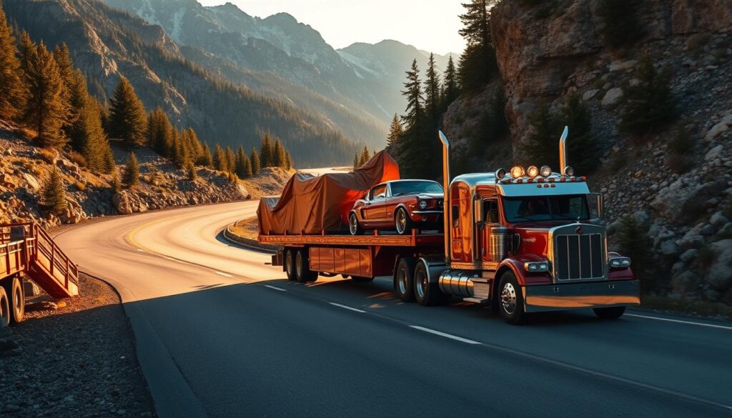 A classic car transport truck navigates a winding mountain road, its chrome-laden cargo gleaming in the warm afternoon light. The vehicle's long, sleek silhouette casts a dramatic shadow on the twisting asphalt, while the rugged landscape of towering peaks and lush evergreens frames the scene. The driver's skilled hands guide the rig with precision, underscoring the importance of specialized transport for these prized automotive treasures. The image conveys a sense of reverence and care, befitting the delicate nature of moving classic automobiles through challenging terrain. A classic car transport truck navigates a winding mountain road, its chrome-laden cargo gleaming in the warm afternoon light. The vehicle's long, sleek silhouette casts a dramatic shadow on the twisting asphalt, while the rugged landscape of towering peaks and lush evergreens frames the scene. The driver's skilled hands guide the rig with precision, underscoring the importance of specialized transport for these prized automotive treasures. The image conveys a sense of reverence and care, befitting the delicate nature of moving classic automobiles through challenging terrain.