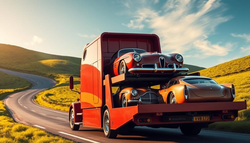 A classic car transport vehicle on a winding country road, surrounded by lush green hills and a clear blue sky. The transport truck is a vintage semi-trailer with a gently sloping cab, painted in a rich, deep shade of red. The trailer is carefully designed to securely hold multiple classic cars, their chrome trim and polished paint glistening in the warm, golden sunlight. The scene conveys a sense of care, attention to detail, and a deep respect for the treasured vehicles being transported. The lighting is soft and natural, creating a sense of timeless elegance and the peaceful, unhurried pace of classic car ownership. A classic car transport vehicle on a winding country road, surrounded by lush green hills and a clear blue sky. The transport truck is a vintage semi-trailer with a gently sloping cab, painted in a rich, deep shade of red. The trailer is carefully designed to securely hold multiple classic cars, their chrome trim and polished paint glistening in the warm, golden sunlight. The scene conveys a sense of care, attention to detail, and a deep respect for the treasured vehicles being transported. The lighting is soft and natural, creating a sense of timeless elegance and the peaceful, unhurried pace of classic car ownership.
