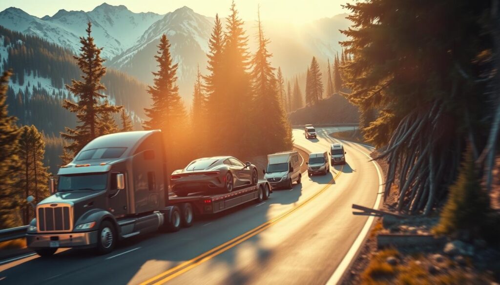 A cross-country vehicle shipping convoy navigates winding mountain roads, the sun's golden rays filtering through towering pine trees. In the foreground, a sturdy semi-truck tows a trailer loaded with a sleek sports car, its paint gleaming under the warm light. In the middle ground, a crew of skilled drivers expertly maneuver their vehicles, navigating steep inclines and sharp turns. The background is a breathtaking landscape of snow-capped peaks and lush, verdant forests, capturing the scale and challenge of this cross-country journey. The scene conveys a sense of adventure, precision, and the triumph of human ingenuity over the rugged terrain. A cross-country vehicle shipping convoy navigates winding mountain roads, the sun's golden rays filtering through towering pine trees. In the foreground, a sturdy semi-truck tows a trailer loaded with a sleek sports car, its paint gleaming under the warm light. In the middle ground, a crew of skilled drivers expertly maneuver their vehicles, navigating steep inclines and sharp turns. The background is a breathtaking landscape of snow-capped peaks and lush, verdant forests, capturing the scale and challenge of this cross-country journey. The scene conveys a sense of adventure, precision, and the triumph of human ingenuity over the rugged terrain.
