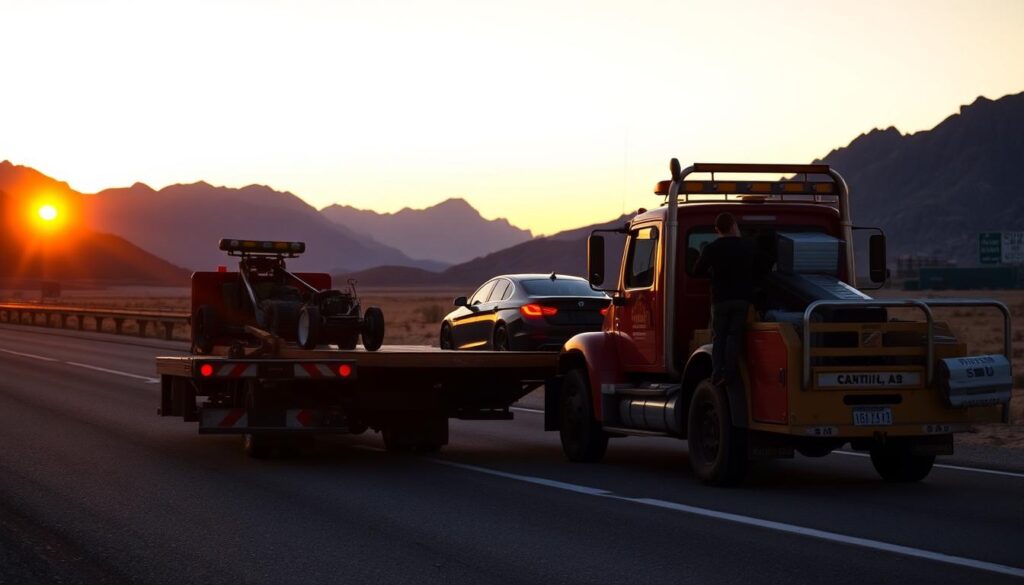 A deserted highway at dusk, the setting sun casting a warm, golden glow across the scene. In the foreground, a large tow truck with a powerful winch and a sturdy flatbed platform, ready to haul a disabled vehicle. The middle ground features a stranded car, its hazard lights blinking, surrounded by the rugged landscape of a remote, mountainous region. The background is filled with towering peaks and a vast, expansive sky, hinting at the long journey ahead. The tow truck's operator, silhouetted against the fading light, prepares to connect the disabled vehicle, their expertise and focus evident in their movements. The mood is one of calm determination, the image conveying the essential role of long-distance towing in keeping the open road accessible. A deserted highway at dusk, the setting sun casting a warm, golden glow across the scene. In the foreground, a large tow truck with a powerful winch and a sturdy flatbed platform, ready to haul a disabled vehicle. The middle ground features a stranded car, its hazard lights blinking, surrounded by the rugged landscape of a remote, mountainous region. The background is filled with towering peaks and a vast, expansive sky, hinting at the long journey ahead. The tow truck's operator, silhouetted against the fading light, prepares to connect the disabled vehicle, their expertise and focus evident in their movements. The mood is one of calm determination, the image conveying the essential role of long-distance towing in keeping the open road accessible.
