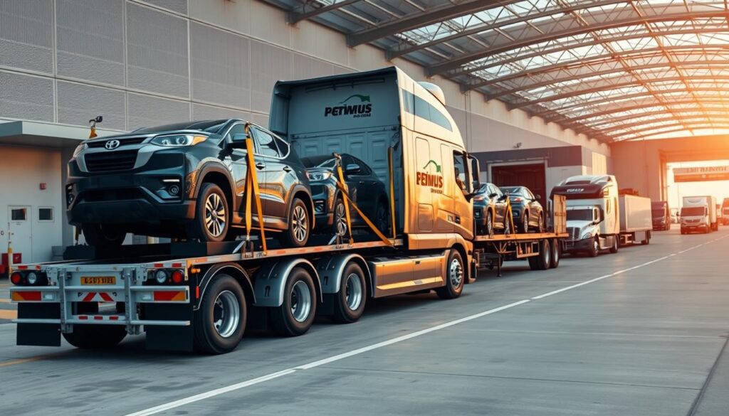 A detailed, high-resolution image of a professional auto transport service provider. The foreground shows a large semi-truck trailer with multiple cars securely loaded and strapped down. The middle ground features the truck cab, with its distinct branding and livery. The background depicts a modern logistics facility, with loading docks, signage, and other support vehicles. The lighting is bright and clear, with a slight warm tone, creating a sense of efficiency and professionalism. The camera angle is slightly elevated, providing a comprehensive view of the scene. The overall mood conveys reliability, safety, and the expertise of the auto transport service. A detailed, high-resolution image of a professional auto transport service provider. The foreground shows a large semi-truck trailer with multiple cars securely loaded and strapped down. The middle ground features the truck cab, with its distinct branding and livery. The background depicts a modern logistics facility, with loading docks, signage, and other support vehicles. The lighting is bright and clear, with a slight warm tone, creating a sense of efficiency and professionalism. The camera angle is slightly elevated, providing a comprehensive view of the scene. The overall mood conveys reliability, safety, and the expertise of the auto transport service.