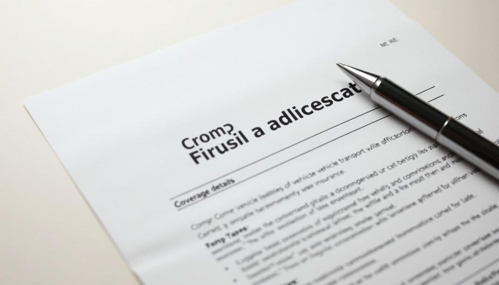 A detailed view of comprehensive vehicle transport insurance documents, with a clear focus on the key coverage details. The documents are placed on a clean, neutral-toned background, allowing the information to be the primary visual focus. Soft, diffused lighting illuminates the papers, creating a sense of professionalism and importance. The camera angle is slightly elevated, providing a comprehensive overview of the insurance materials. The overall mood is one of trust, reliability, and attention to detail, reflecting the importance of comprehensive coverage for vehicle transport. A detailed view of comprehensive vehicle transport insurance documents, with a clear focus on the key coverage details. The documents are placed on a clean, neutral-toned background, allowing the information to be the primary visual focus. Soft, diffused lighting illuminates the papers, creating a sense of professionalism and importance. The camera angle is slightly elevated, providing a comprehensive overview of the insurance materials. The overall mood is one of trust, reliability, and attention to detail, reflecting the importance of comprehensive coverage for vehicle transport.