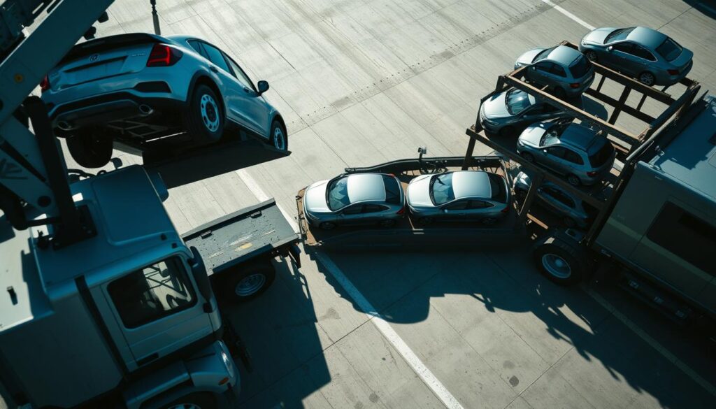 A high-angle view of a busy car transport terminal, showcasing various methods of moving vehicles. In the foreground, a large tow truck effortlessly lifts a compact car onto its platform, while in the middle ground, a car carrier truck hauls a row of sedans on multiple levels. In the background, a train car specifically designed for transporting automobiles waits to be loaded. The scene is illuminated by bright, natural lighting, creating clear shadows and highlighting the intricate details of the transport equipment. The overall atmosphere conveys efficiency, professionalism, and the industry's reliable infrastructure for ensuring the safe relocation of vehicles. A high-angle view of a busy car transport terminal, showcasing various methods of moving vehicles. In the foreground, a large tow truck effortlessly lifts a compact car onto its platform, while in the middle ground, a car carrier truck hauls a row of sedans on multiple levels. In the background, a train car specifically designed for transporting automobiles waits to be loaded. The scene is illuminated by bright, natural lighting, creating clear shadows and highlighting the intricate details of the transport equipment. The overall atmosphere conveys efficiency, professionalism, and the industry's reliable infrastructure for ensuring the safe relocation of vehicles.