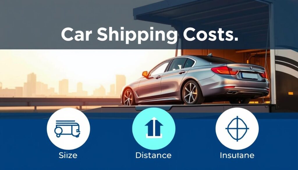 A high-quality, detailed image of key factors affecting car shipping costs, showcased in a clean, modern layout. In the foreground, prominent icons representing the main cost determinants - vehicle size, transport method, distance, and insurance. The midground features a sleek, silver sedan being loaded onto an open-air car carrier, bathed in warm, directional lighting. The background depicts a minimalist, slightly hazy cityscape, conveying a sense of scale and transportation logistics. The overall aesthetic is both informative and visually appealing, suitable for inclusion in an authoritative article on calculating car shipping expenses. A high-quality, detailed image of key factors affecting car shipping costs, showcased in a clean, modern layout. In the foreground, prominent icons representing the main cost determinants - vehicle size, transport method, distance, and insurance. The midground features a sleek, silver sedan being loaded onto an open-air car carrier, bathed in warm, directional lighting. The background depicts a minimalist, slightly hazy cityscape, conveying a sense of scale and transportation logistics. The overall aesthetic is both informative and visually appealing, suitable for inclusion in an authoritative article on calculating car shipping expenses.