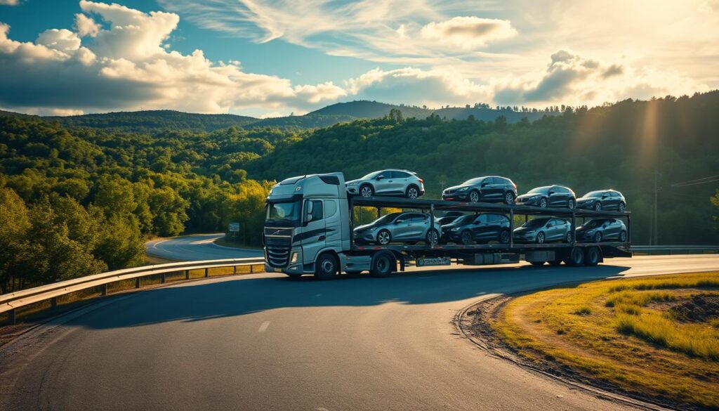 A high-quality, wide-angle photograph of a modern, multi-vehicle car carrier truck on a long, winding highway road, surrounded by lush green forests and rolling hills in the background. The truck is brightly lit by warm, golden sunlight filtering through wispy clouds, casting dramatic shadows across the scene. The truck's trailer is loaded with a diverse array of shiny, well-maintained automobiles of various makes and models, capturing the comprehensive nature of the "New Jersey to Georgia Auto Transport" service. The composition emphasizes the scale and efficiency of the transport operation, while also conveying a sense of serene, open-road travel. A high-quality, wide-angle photograph of a modern, multi-vehicle car carrier truck on a long, winding highway road, surrounded by lush green forests and rolling hills in the background. The truck is brightly lit by warm, golden sunlight filtering through wispy clouds, casting dramatic shadows across the scene. The truck's trailer is loaded with a diverse array of shiny, well-maintained automobiles of various makes and models, capturing the comprehensive nature of the "New Jersey to Georgia Auto Transport" service. The composition emphasizes the scale and efficiency of the transport operation, while also conveying a sense of serene, open-road travel.