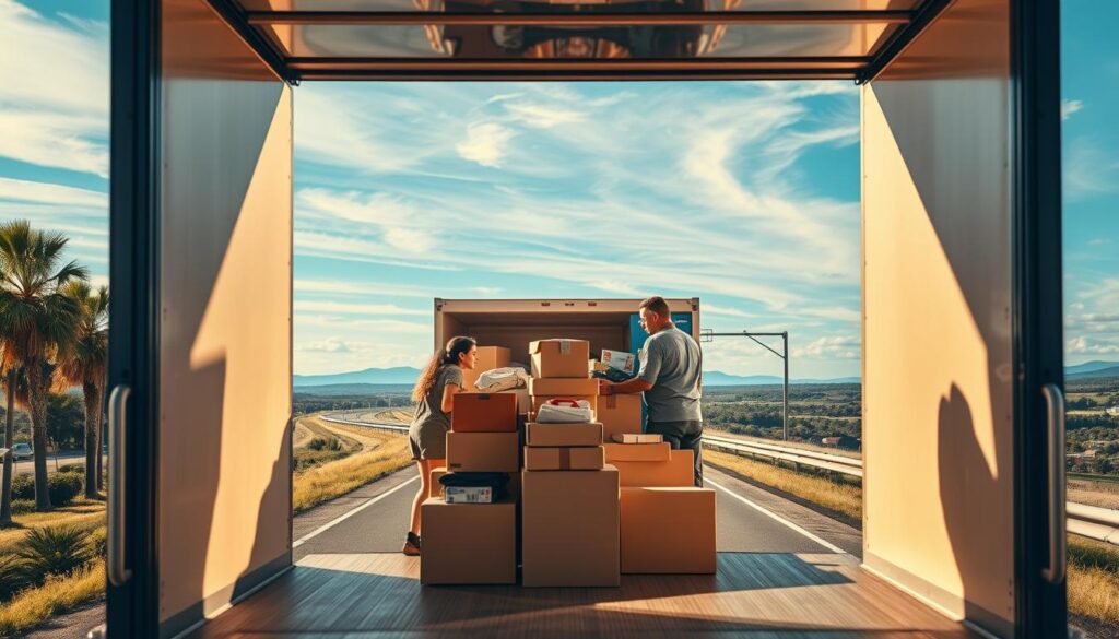 A high-resolution photograph of a family packing belongings into a moving truck, set against the backdrop of a palm tree-lined Florida coastal highway transitioning into the rolling hills and forests of North Carolina. The truck is positioned in the foreground, with carefully stacked boxes, furniture, and personal items visible. The middle ground features a scenic vista of the state border, with a clear blue sky and wispy clouds above. Soft, natural lighting casts warm shadows, creating a sense of thoughtful preparation and anticipation for the journey ahead. The overall mood is one of organization, adventure, and the excitement of starting a new chapter. A high-resolution photograph of a family packing belongings into a moving truck, set against the backdrop of a palm tree-lined Florida coastal highway transitioning into the rolling hills and forests of North Carolina. The truck is positioned in the foreground, with carefully stacked boxes, furniture, and personal items visible. The middle ground features a scenic vista of the state border, with a clear blue sky and wispy clouds above. Soft, natural lighting casts warm shadows, creating a sense of thoughtful preparation and anticipation for the journey ahead. The overall mood is one of organization, adventure, and the excitement of starting a new chapter.
