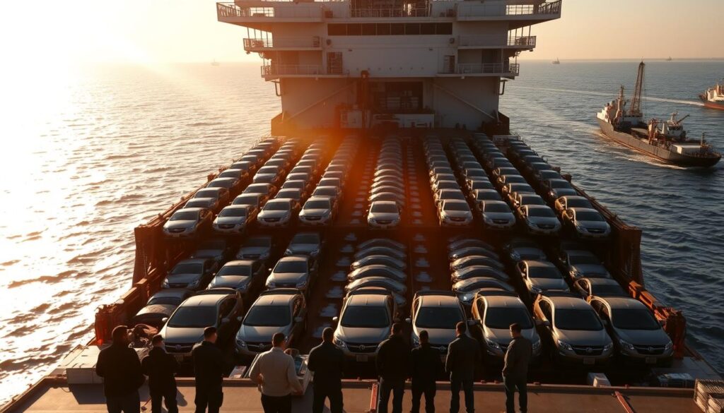 A large cargo ship on the open sea, its hull laden with row after row of shiny new cars and trucks. The sun casts a warm glow, illuminating the scene with a sense of motion and anticipation. In the foreground, a team of workers oversees the loading process, their silhouettes framed against the backdrop of the ship's massive superstructure. The middle ground reveals the complex web of loading equipment and cranes, while the distant horizon is dotted with other vessels, creating a sense of a bustling maritime industry. The overall mood evokes efficiency, professionalism, and the scale of modern auto transportation. A large cargo ship on the open sea, its hull laden with row after row of shiny new cars and trucks. The sun casts a warm glow, illuminating the scene with a sense of motion and anticipation. In the foreground, a team of workers oversees the loading process, their silhouettes framed against the backdrop of the ship's massive superstructure. The middle ground reveals the complex web of loading equipment and cranes, while the distant horizon is dotted with other vessels, creating a sense of a bustling maritime industry. The overall mood evokes efficiency, professionalism, and the scale of modern auto transportation.