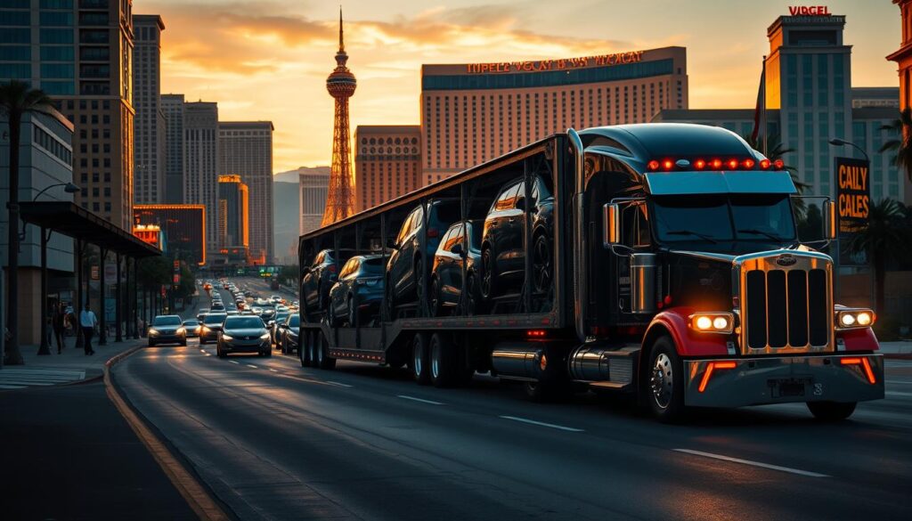 A large semi-truck navigates the bustling streets of Las Vegas, its trailer loaded with a fleet of shiny automobiles. The scene is captured in a cinematic, wide-angle view, with the iconic Las Vegas skyline visible in the background, bathed in the golden glow of the setting sun. The truck's headlights pierce the dimly lit urban landscape, casting dramatic shadows on the surrounding buildings. The composition emphasizes the scale and efficiency of professional auto transport services, conveying a sense of the benefits they provide to both vehicle owners and the local community. A large semi-truck navigates the bustling streets of Las Vegas, its trailer loaded with a fleet of shiny automobiles. The scene is captured in a cinematic, wide-angle view, with the iconic Las Vegas skyline visible in the background, bathed in the golden glow of the setting sun. The truck's headlights pierce the dimly lit urban landscape, casting dramatic shadows on the surrounding buildings. The composition emphasizes the scale and efficiency of professional auto transport services, conveying a sense of the benefits they provide to both vehicle owners and the local community.