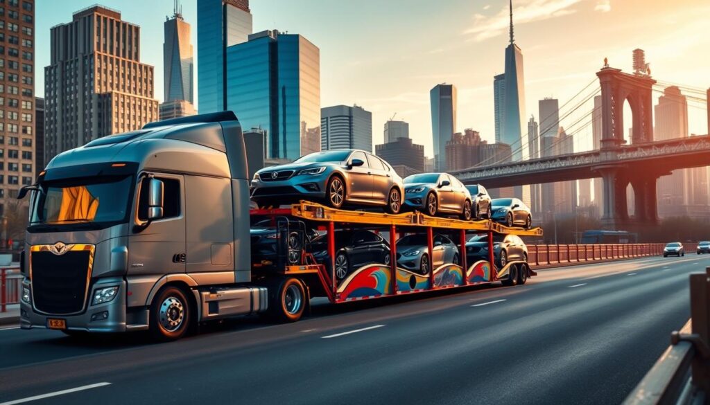 A large semi-truck transporting several brand-new cars on a multi-level car carrier, navigating the bustling streets of New York City. The truck's cab has a sleek, modern design, and the trailer is painted in vibrant, eye-catching colors. In the background, the iconic skyline of Manhattan serves as a dramatic backdrop, with towering skyscrapers and the Brooklyn Bridge visible in the distance. The scene is bathed in warm, golden sunlight, creating a sense of energy and movement. The image conveys the reliability and efficiency of professional car shipping services, transporting valuable cargo safely from New York to Utah. A large semi-truck transporting several brand-new cars on a multi-level car carrier, navigating the bustling streets of New York City. The truck's cab has a sleek, modern design, and the trailer is painted in vibrant, eye-catching colors. In the background, the iconic skyline of Manhattan serves as a dramatic backdrop, with towering skyscrapers and the Brooklyn Bridge visible in the distance. The scene is bathed in warm, golden sunlight, creating a sense of energy and movement. The image conveys the reliability and efficiency of professional car shipping services, transporting valuable cargo safely from New York to Utah.