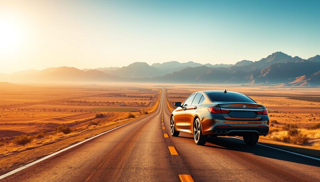A long ribbon of highway unfurls across a vast, sun-drenched landscape, flanked by rugged mountains and endless skies. In the foreground, a shiny, modern car carrier truck transports a gleaming sedan, its chrome accents catching the warm, golden light. The middle ground features rolling hills dotted with lush greenery, while the distant horizon is painted with the silhouettes of towering peaks. The overall scene conveys a sense of expansive, cross-country adventure, perfectly capturing the essence of an automobile journey from the East Coast to the West. A long ribbon of highway unfurls across a vast, sun-drenched landscape, flanked by rugged mountains and endless skies. In the foreground, a shiny, modern car carrier truck transports a gleaming sedan, its chrome accents catching the warm, golden light. The middle ground features rolling hills dotted with lush greenery, while the distant horizon is painted with the silhouettes of towering peaks. The overall scene conveys a sense of expansive, cross-country adventure, perfectly capturing the essence of an automobile journey from the East Coast to the West.