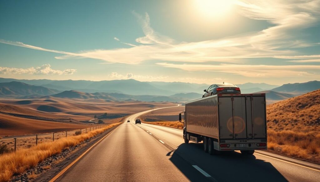 A long, winding highway stretches across a vast, sun-drenched landscape, dotted with rolling hills and distant mountains. In the foreground, a sleek, modern car carrier truck navigates the road, its cargo of pristine automobiles securely fastened atop its spacious trailer. The scene evokes a sense of cross-country adventure, the vehicle's journey from the Golden State to the Keystone State captured in a single, cinematic frame. Crisp, golden light filters through wispy clouds, casting a warm, inviting glow over the entire scene. The composition balances the scale of the transportation with the grandeur of the natural surroundings, creating a striking visual representation of the concept of "California to Pennsylvania car shipping". A long, winding highway stretches across a vast, sun-drenched landscape, dotted with rolling hills and distant mountains. In the foreground, a sleek, modern car carrier truck navigates the road, its cargo of pristine automobiles securely fastened atop its spacious trailer. The scene evokes a sense of cross-country adventure, the vehicle's journey from the Golden State to the Keystone State captured in a single, cinematic frame. Crisp, golden light filters through wispy clouds, casting a warm, inviting glow over the entire scene. The composition balances the scale of the transportation with the grandeur of the natural surroundings, creating a striking visual representation of the concept of "California to Pennsylvania car shipping".