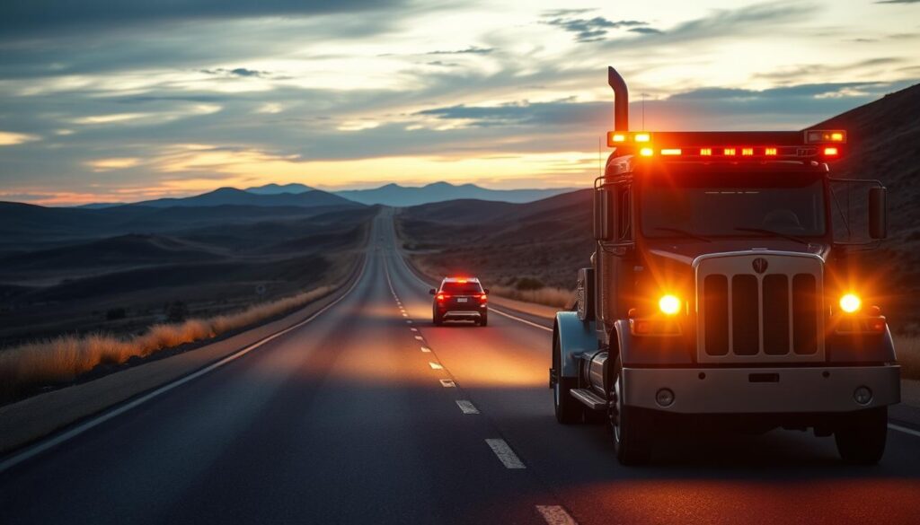 A long, winding highway stretches into the distance, with a powerful tow truck in the foreground. The truck's bright headlights illuminate the scene, casting a warm glow on the road ahead. In the middle ground, a disabled vehicle waits to be towed, its hazard lights blinking. The backdrop is a vast, open landscape, with rolling hills and a dramatic sky that transitions from day to night. The overall atmosphere conveys a sense of urgency and expertise, as the tow truck driver prepares to tackle the long-distance journey and deliver the stranded vehicle to its destination safely. A long, winding highway stretches into the distance, with a powerful tow truck in the foreground. The truck's bright headlights illuminate the scene, casting a warm glow on the road ahead. In the middle ground, a disabled vehicle waits to be towed, its hazard lights blinking. The backdrop is a vast, open landscape, with rolling hills and a dramatic sky that transitions from day to night. The overall atmosphere conveys a sense of urgency and expertise, as the tow truck driver prepares to tackle the long-distance journey and deliver the stranded vehicle to its destination safely.