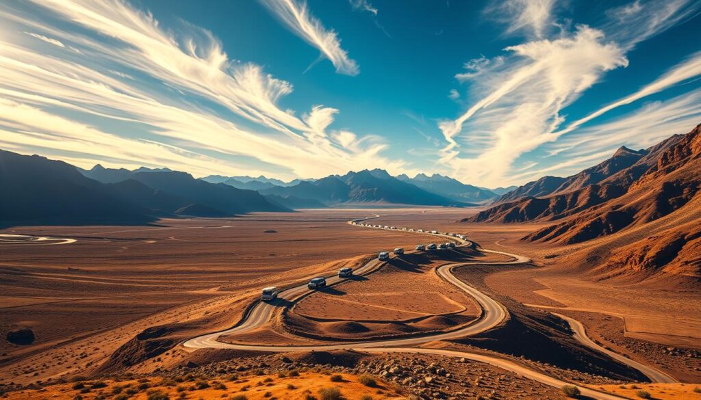 A long, winding road stretches across a vast, rugged landscape, cutting through sweeping mountain ranges and arid valleys. In the foreground, a fleet of car carriers navigates the serpentine path, their cargo of gleaming vehicles securely loaded. The sky is a brilliant blue, with wispy clouds drifting overhead, casting dynamic shadows on the terrain below. The scene is illuminated by warm, golden sunlight, creating a sense of depth and drama. The composition is framed by towering peaks in the distance, their jagged silhouettes creating a sense of grandeur and scale. The overall atmosphere is one of adventure, endurance, and the triumph of modern transportation over challenging terrain. A long, winding road stretches across a vast, rugged landscape, cutting through sweeping mountain ranges and arid valleys. In the foreground, a fleet of car carriers navigates the serpentine path, their cargo of gleaming vehicles securely loaded. The sky is a brilliant blue, with wispy clouds drifting overhead, casting dynamic shadows on the terrain below. The scene is illuminated by warm, golden sunlight, creating a sense of depth and drama. The composition is framed by towering peaks in the distance, their jagged silhouettes creating a sense of grandeur and scale. The overall atmosphere is one of adventure, endurance, and the triumph of modern transportation over challenging terrain.