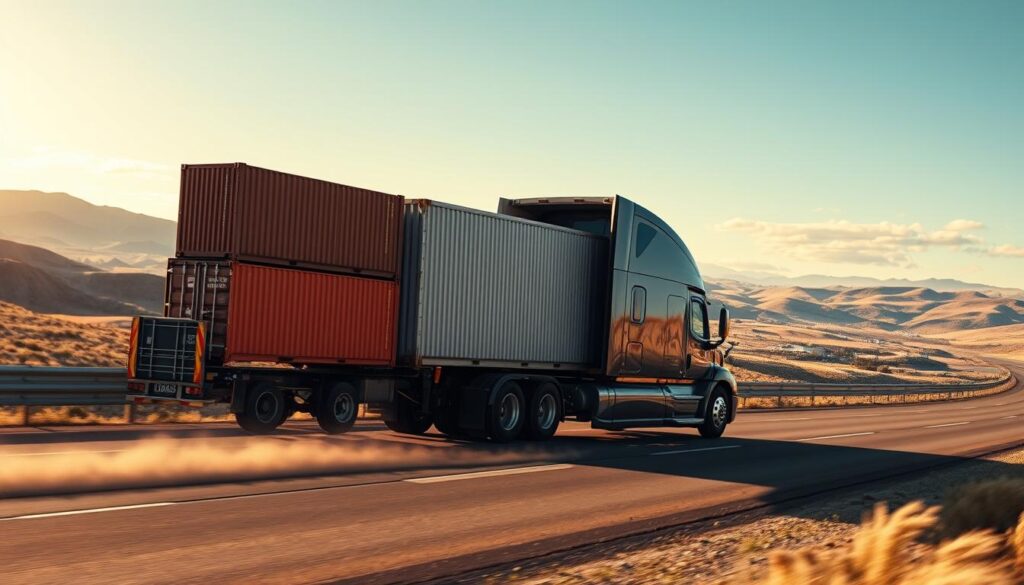 A massive semi-truck rumbles down a long, winding highway, its trailer loaded with freight containers stacked high. The sun casts warm, golden light across the scene, casting dramatic shadows and highlighting the truck's sleek, aerodynamic design. In the distance, rolling hills and a cloudless sky provide a picturesque backdrop, conveying a sense of open, uninterrupted travel. The truck's wheels kick up a trail of dust, suggesting the relentless journey of delivering essential goods across the country. The composition focuses on the truck, emphasizing its size, power, and central role in the transport of commercial cargo, capturing the essence of reliable and efficient truck shipping. A massive semi-truck rumbles down a long, winding highway, its trailer loaded with freight containers stacked high. The sun casts warm, golden light across the scene, casting dramatic shadows and highlighting the truck's sleek, aerodynamic design. In the distance, rolling hills and a cloudless sky provide a picturesque backdrop, conveying a sense of open, uninterrupted travel. The truck's wheels kick up a trail of dust, suggesting the relentless journey of delivering essential goods across the country. The composition focuses on the truck, emphasizing its size, power, and central role in the transport of commercial cargo, capturing the essence of reliable and efficient truck shipping.