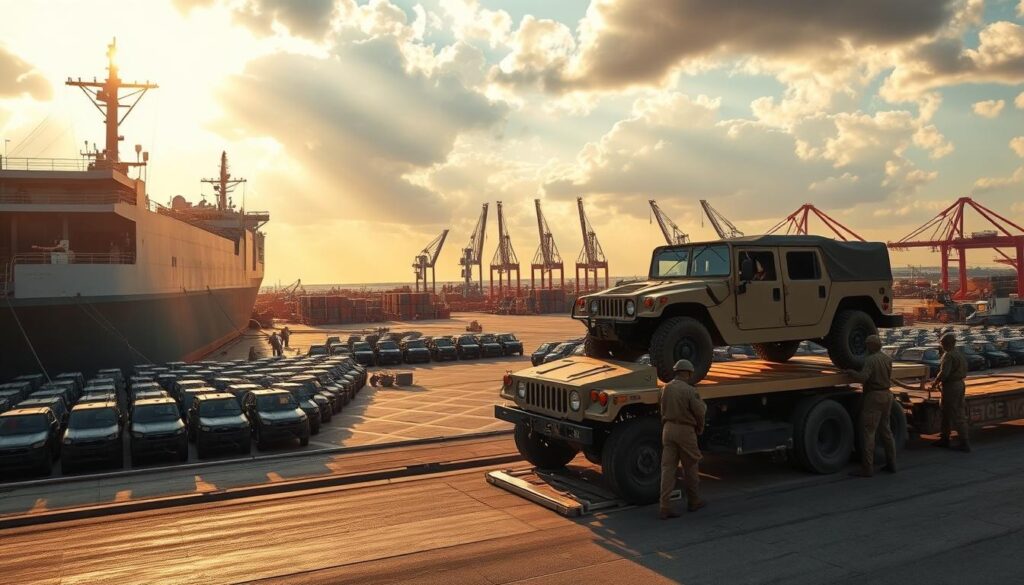 A military transport ship docked at a specialized port, surrounded by rows of neatly arranged armored vehicles. In the foreground, a team of uniformed personnel carefully loading a combat-ready Humvee onto a specialized auto carrier. Beams of golden sunlight filter through the clouds, casting a warm glow over the scene. The background is filled with the bustling activity of the shipping yard, with cranes and forklifts moving cargo. The overall atmosphere conveys a sense of efficiency, precision, and the importance of delivering military assets to their destination with the utmost care and security.