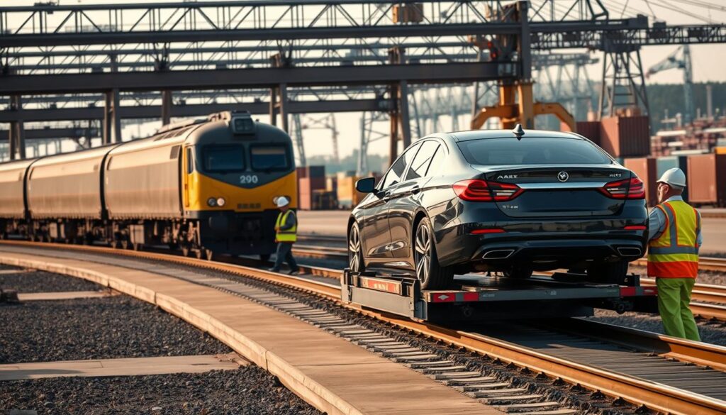 A modern freight train slowly pulling into a bustling railway yard, its cargo cars neatly arranged. In the foreground, a gleaming sedan is being carefully loaded onto a specialized car carrier, its paint reflecting the warm sunlight. In the middle ground, railway workers in hi-vis vests expertly guide the vehicle onto the train, ensuring a secure and efficient transport. The background is filled with the industrial infrastructure of the yard - towering cranes, stacks of intermodal containers, and the distant silhouettes of other trains. The scene conveys a sense of precision, reliability, and the safe, specialized process of shipping a car by rail. A modern freight train slowly pulling into a bustling railway yard, its cargo cars neatly arranged. In the foreground, a gleaming sedan is being carefully loaded onto a specialized car carrier, its paint reflecting the warm sunlight. In the middle ground, railway workers in hi-vis vests expertly guide the vehicle onto the train, ensuring a secure and efficient transport. The background is filled with the industrial infrastructure of the yard - towering cranes, stacks of intermodal containers, and the distant silhouettes of other trains. The scene conveys a sense of precision, reliability, and the safe, specialized process of shipping a car by rail.