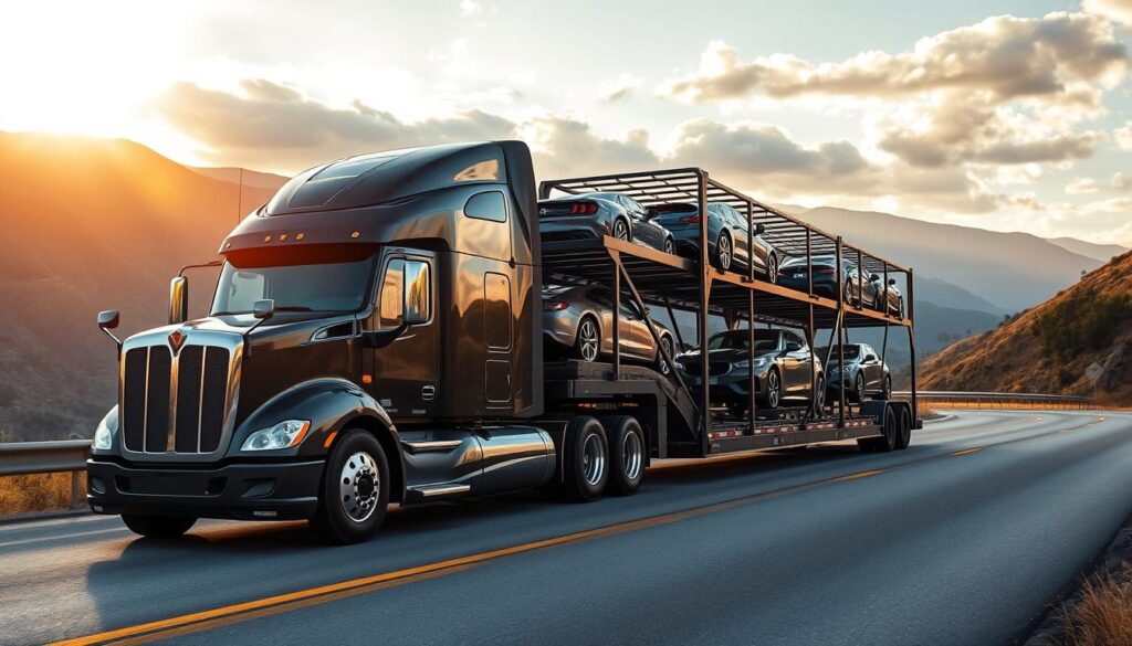 A modern semi-truck hauling a car carrier trailer on a winding highway, with mountains in the background and a partly cloudy sky. The truck's cab is sleek and aerodynamic, and the trailer is equipped with sturdy metal racks to securely transport multiple vehicles. The scene is illuminated by warm, golden sunlight filtering through the clouds, casting long shadows and creating a sense of depth and dimension. The overall atmosphere is one of professionalism, efficiency, and reliable transportation. A modern semi-truck hauling a car carrier trailer on a winding highway, with mountains in the background and a partly cloudy sky. The truck's cab is sleek and aerodynamic, and the trailer is equipped with sturdy metal racks to securely transport multiple vehicles. The scene is illuminated by warm, golden sunlight filtering through the clouds, casting long shadows and creating a sense of depth and dimension. The overall atmosphere is one of professionalism, efficiency, and reliable transportation.