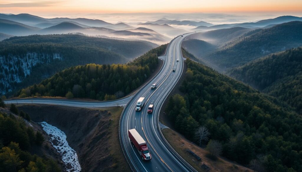 A panoramic aerial view of a highway snaking through the rolling hills and forests, stretching from the snowy peaks of the Appalachian Mountains in Pennsylvania to the lush, verdant landscapes of Georgia. The road is dotted with transport trucks hauling vehicles, their headlights cutting through the misty morning light. The scene captures the vastness of the journey, with the horizon fading into the distance, symbolizing the reliable transportation corridor between the two states. A panoramic aerial view of a highway snaking through the rolling hills and forests, stretching from the snowy peaks of the Appalachian Mountains in Pennsylvania to the lush, verdant landscapes of Georgia. The road is dotted with transport trucks hauling vehicles, their headlights cutting through the misty morning light. The scene captures the vastness of the journey, with the horizon fading into the distance, symbolizing the reliable transportation corridor between the two states.