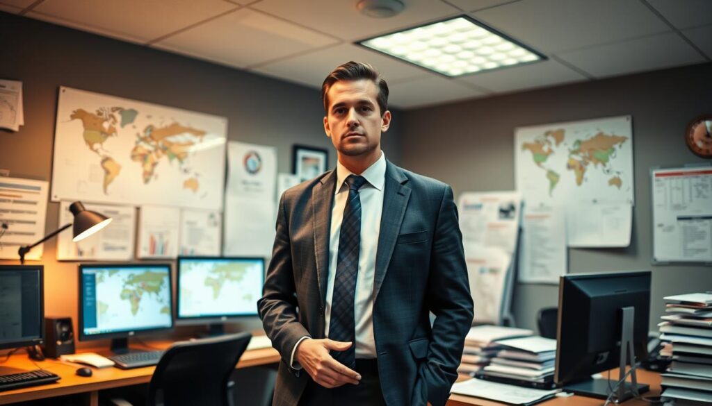 A professional auto shipping broker stands in their well-organized office, surrounded by desktop computers, transportation maps, and shipping documents. The room is illuminated by warm, directional lighting that casts subtle shadows, creating a sense of depth and atmosphere. The broker, dressed in a crisp suit, is intently focused on the task at hand, conveying the importance and expertise of their role in the automotive logistics industry. The scene is captured from a slightly elevated angle, emphasizing the broker's command of the space and their commitment to providing reliable and efficient transport solutions. A professional auto shipping broker stands in their well-organized office, surrounded by desktop computers, transportation maps, and shipping documents. The room is illuminated by warm, directional lighting that casts subtle shadows, creating a sense of depth and atmosphere. The broker, dressed in a crisp suit, is intently focused on the task at hand, conveying the importance and expertise of their role in the automotive logistics industry. The scene is captured from a slightly elevated angle, emphasizing the broker's command of the space and their commitment to providing reliable and efficient transport solutions.