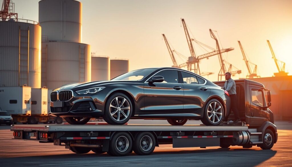 A professional car shipping service transporting a gleaming luxury sedan on a sturdy flatbed truck against a backdrop of towering industrial warehouses and cranes. The scene is bathed in warm, golden afternoon light, casting long shadows and highlighting the sleek curves of the vehicle. The truck's driver, dressed in a crisp uniform, carefully guides the car onto the trailer with practiced precision. The overall atmosphere conveys a sense of efficiency, reliability, and attention to detail - key attributes of a reputable car shipping operation. A professional car shipping service transporting a gleaming luxury sedan on a sturdy flatbed truck against a backdrop of towering industrial warehouses and cranes. The scene is bathed in warm, golden afternoon light, casting long shadows and highlighting the sleek curves of the vehicle. The truck's driver, dressed in a crisp uniform, carefully guides the car onto the trailer with practiced precision. The overall atmosphere conveys a sense of efficiency, reliability, and attention to detail - key attributes of a reputable car shipping operation.