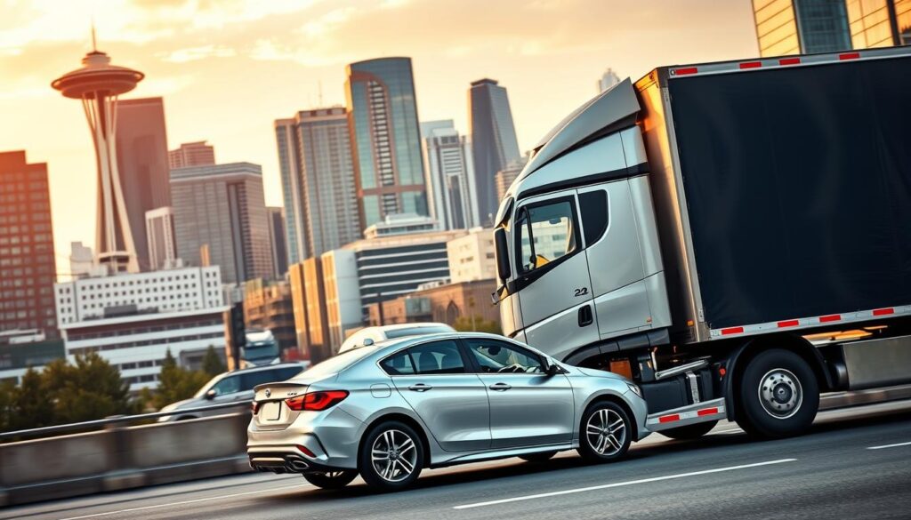 A professional, well-equipped car transport truck navigates the bustling streets of Seattle, its sleek design and powerful engine capturing the essence of reliable auto transport. In the foreground, the truck's cargo hold gently cradles a sedan, ready to be delivered to its destination. Surrounding the scene, the vibrant cityscape of Seattle rises, with towering skyscrapers and the iconic Space Needle in the distance, bathed in the warm glow of the afternoon sun. The image conveys a sense of efficiency, professionalism, and the seamless integration of transportation services within the dynamic urban environment. A professional, well-equipped car transport truck navigates the bustling streets of Seattle, its sleek design and powerful engine capturing the essence of reliable auto transport. In the foreground, the truck's cargo hold gently cradles a sedan, ready to be delivered to its destination. Surrounding the scene, the vibrant cityscape of Seattle rises, with towering skyscrapers and the iconic Space Needle in the distance, bathed in the warm glow of the afternoon sun. The image conveys a sense of efficiency, professionalism, and the seamless integration of transportation services within the dynamic urban environment.