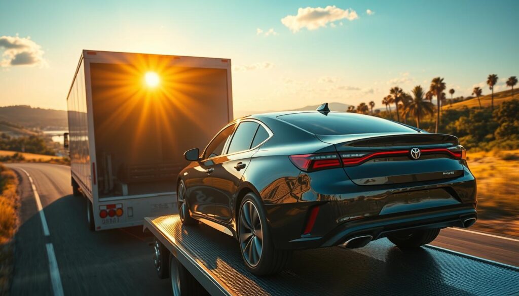 A scenic road trip from Virginia to Florida, captured in a cinematic wide-angle lens. In the foreground, a sleek, modern car is being loaded onto a specialized auto transport truck, its glossy finish reflecting the warm, golden sunlight. The middle ground reveals a picturesque landscape, with rolling hills, lush forests, and the occasional glimpse of a tranquil lake. In the distance, the iconic silhouette of the Sunshine State's palm trees stands tall against a vibrant, azure sky. The overall atmosphere exudes a sense of effortless motion and the excitement of embarking on a journey, perfectly encapsulating the hassle-free experience of car shipping from Virginia to Florida. A scenic road trip from Virginia to Florida, captured in a cinematic wide-angle lens. In the foreground, a sleek, modern car is being loaded onto a specialized auto transport truck, its glossy finish reflecting the warm, golden sunlight. The middle ground reveals a picturesque landscape, with rolling hills, lush forests, and the occasional glimpse of a tranquil lake. In the distance, the iconic silhouette of the Sunshine State's palm trees stands tall against a vibrant, azure sky. The overall atmosphere exudes a sense of effortless motion and the excitement of embarking on a journey, perfectly encapsulating the hassle-free experience of car shipping from Virginia to Florida.