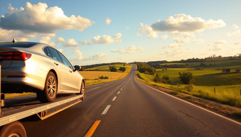 A serene highway landscape, with a long, winding road stretching out into the distance. In the foreground, a silver sedan is being loaded onto a sturdy auto transport trailer, its wheels carefully secured. The middle ground features rolling hills, lush green trees, and a clear blue sky dotted with fluffy white clouds. The lighting is warm and golden, creating a sense of tranquility. In the background, a skyline of modest buildings and silos suggests a rural setting, hinting at the journey from Pennsylvania to Illinois. The scene conveys the reliable and affordable nature of this auto shipping service, with attention to detail and a peaceful, countryside aesthetic. A serene highway landscape, with a long, winding road stretching out into the distance. In the foreground, a silver sedan is being loaded onto a sturdy auto transport trailer, its wheels carefully secured. The middle ground features rolling hills, lush green trees, and a clear blue sky dotted with fluffy white clouds. The lighting is warm and golden, creating a sense of tranquility. In the background, a skyline of modest buildings and silos suggests a rural setting, hinting at the journey from Pennsylvania to Illinois. The scene conveys the reliable and affordable nature of this auto shipping service, with attention to detail and a peaceful, countryside aesthetic.